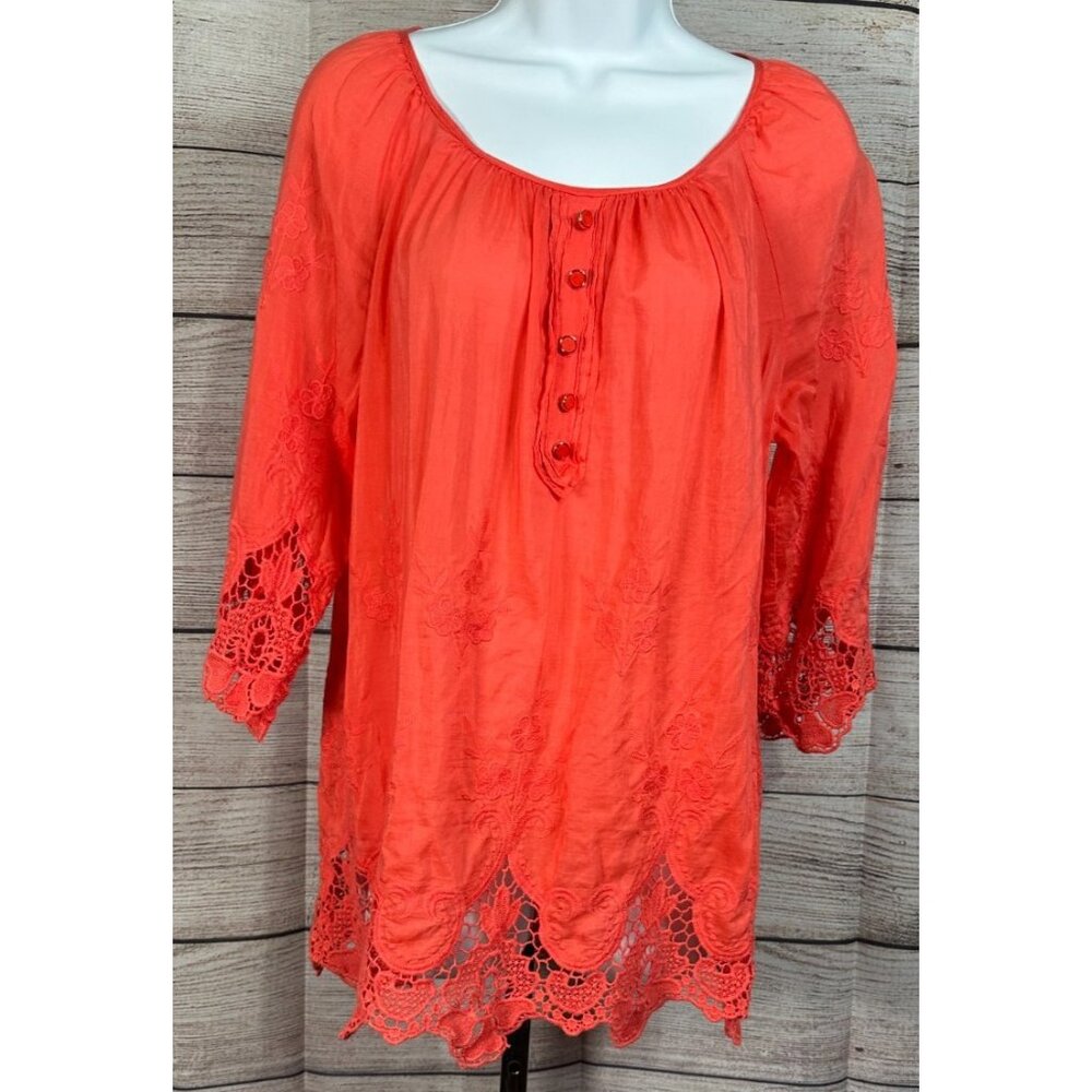 V Cristina Women’s Silk Cotton Floral Embroidered Lace Trim Blouse 3/4 Sleeve L